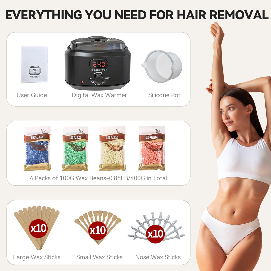 IYINIYI Waxing Kit for Women Men, Digital Wax Kit with Silicone Bowl & 4 Bags Hard Wax Beads, Portable Wax Warmer for Sensitive Skin Full Body Hair Removal, Brazilian Bikini, Eyebrow, Face (Black)