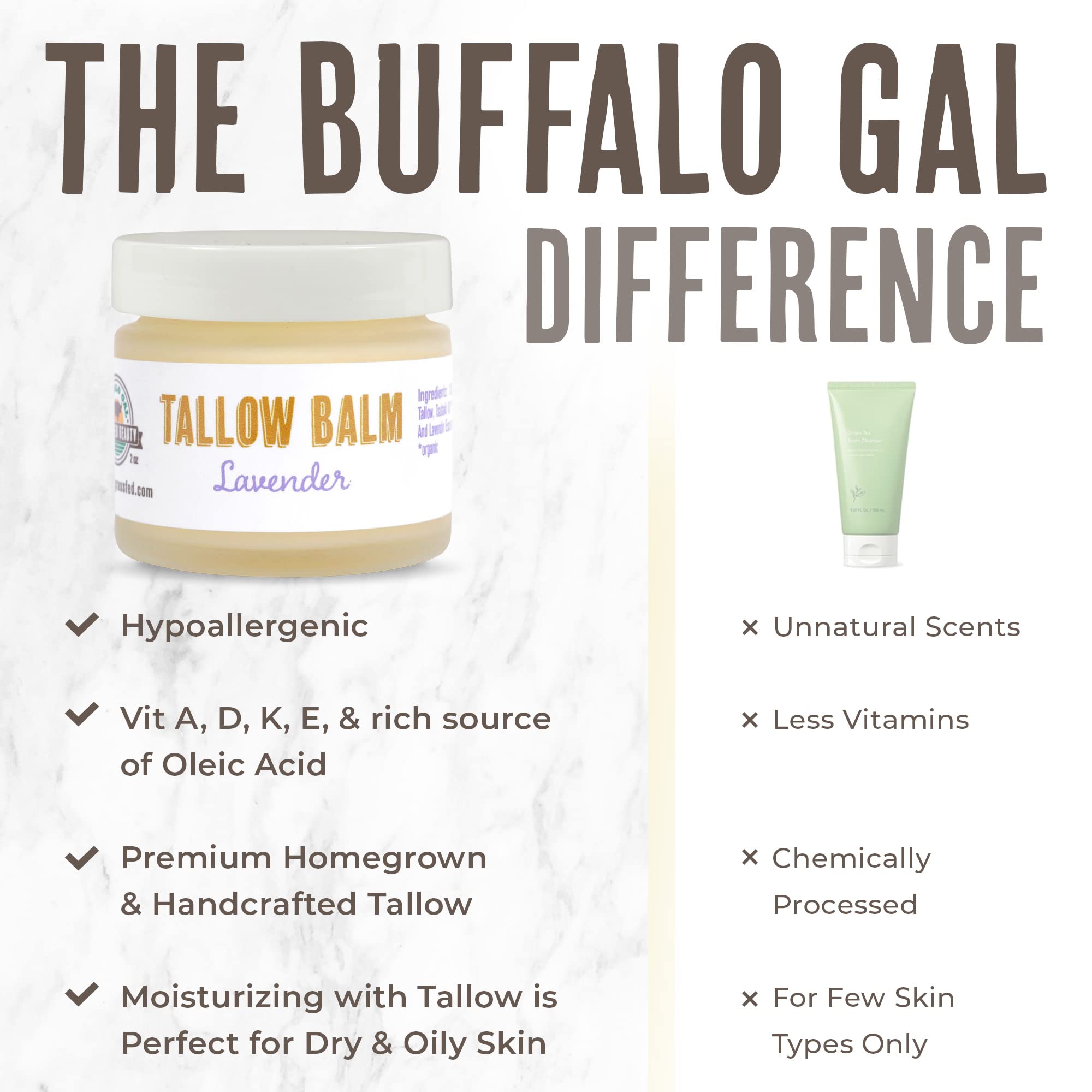BUFFALO GAL Grassfed Beauty Regenerative Lavender Tallow Balm, Dry Rendered, Therapeutic Grade, Lab Tested Grass Fed Tallow Moisturizer for Face and Body, Organic Ingredients, 2 oz