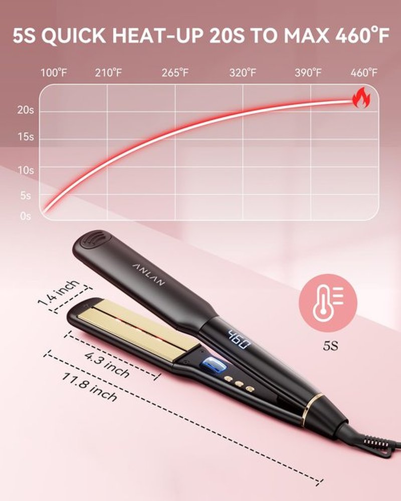 ANLAN Infrared Hair Straightener, 1.4" Ceramic Flat Iron with 20s Fast Heating, Negative Ions, 210–460°F Adjustable, Dual Voltage & Auto Shut-Off for Smooth, Shiny Styles