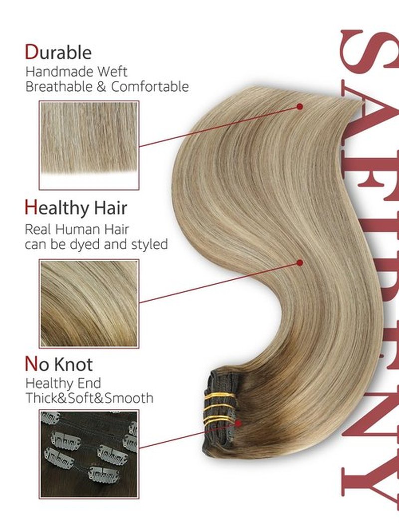 SAFIRENY Clip in Hair Extensions Real Human Hair Double Weft Balayage Color Walnut Brown To Ash Brown And Golden Blonde,Clip in Hair Extensions,14 Inch 100g,6pcs Per Set With 18 Clips（#3/8/22,14")
