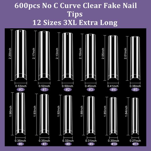 Laza 600pcs No C Curve Clear Fake Nail Tips 12 Sizes Half Cover Flat Nail Tips Square Straight Extra Long False Nail Tips for Acrylic Nails Extension Tips — 3XL