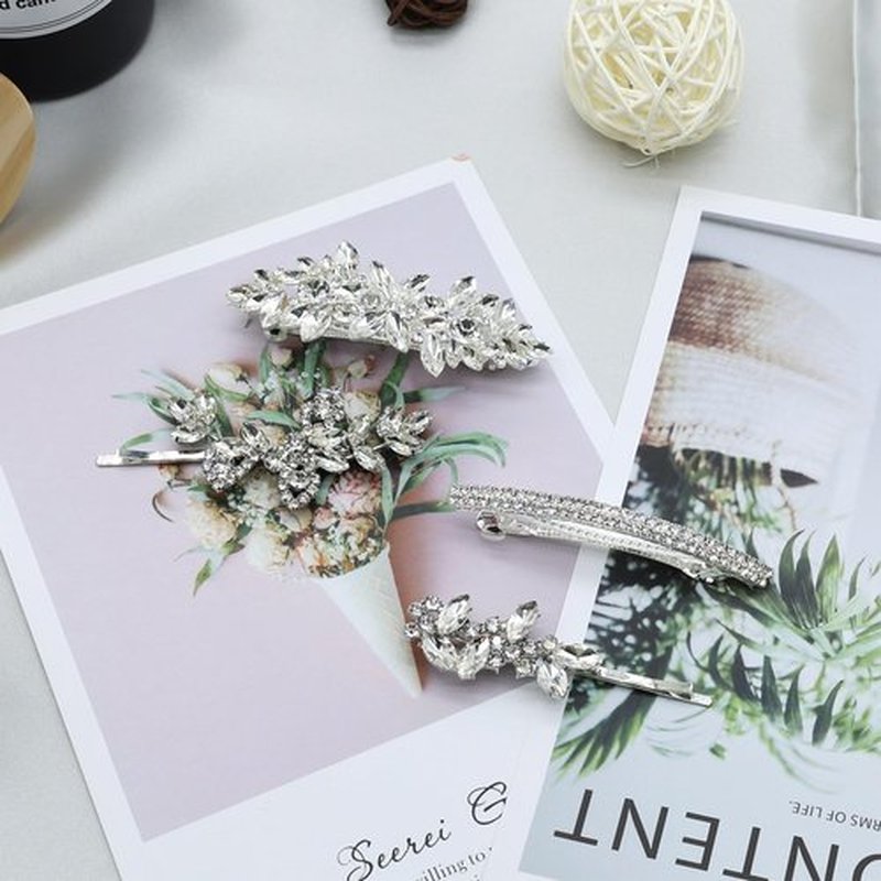 Mulzile 4 Pieces Rhinestone Hair Clips Leaf Wedding Hair Pins Crystal Bobby Pins Silver Bridal Hairpin Barrette for Brides Bridesmaids Flower Girls