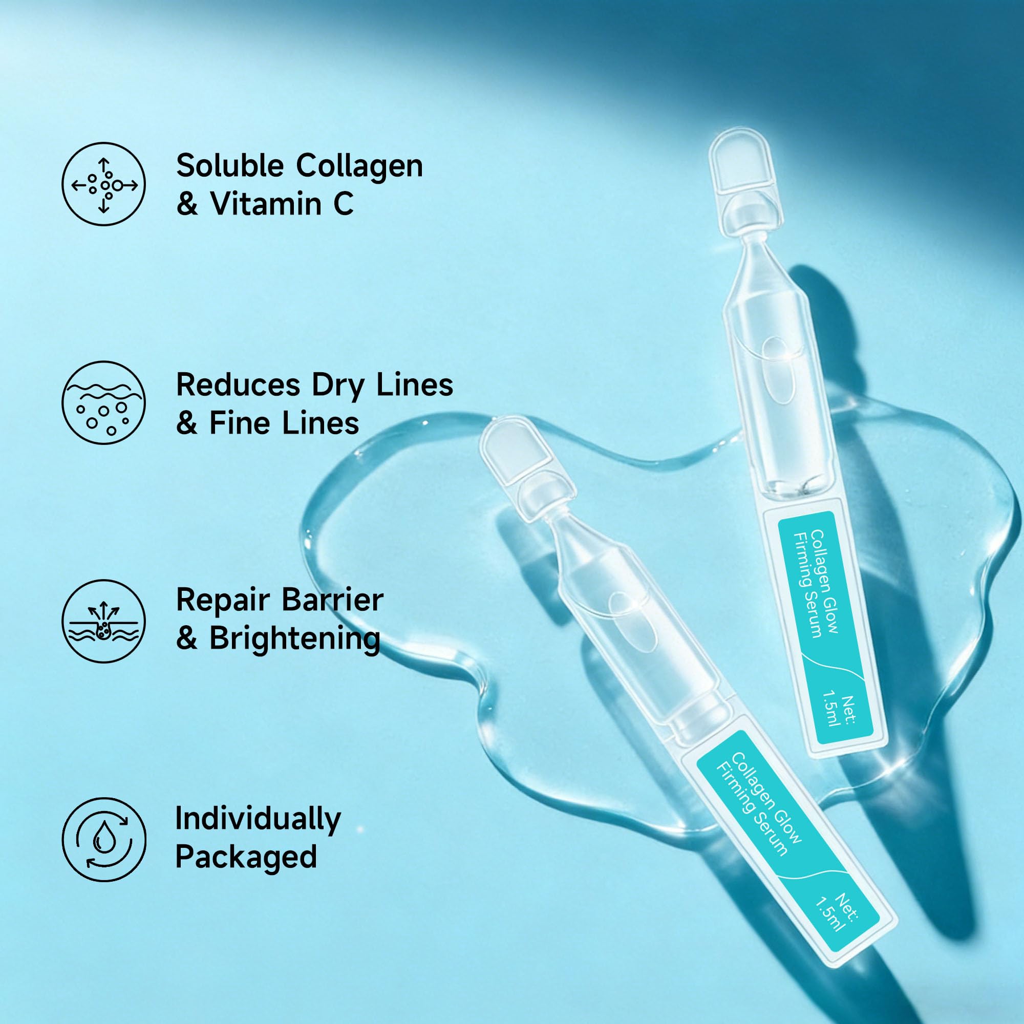 Collagen Glow Firming Face Serum - Fresh Facial Ampoule with Hyaluronic Acid, Adenosine & Centella – Anti-Aging, Firming & Hydrating Skincare for Fine Lines, Wrinkles & Sensitive Skin -30 Vials