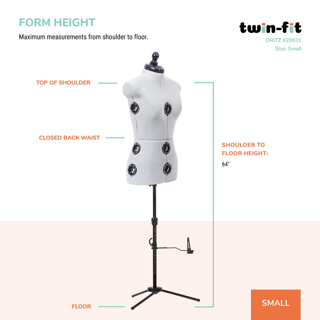 Dritz Twin-Fit Adjustable Dress Form - Small Sizes US 4-10 - Female Clothing Mannequin for Sewing, Fitting, and Draping - Pinnable Sewing Mannequin with 13 Dials for Fitting + 360 Hem Guide