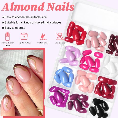 LuckForever 288pc Almond Press On Nails Tips - Short, Oval, False, Artificial Fingernails with Adhesive Tabs for DIY Manicure