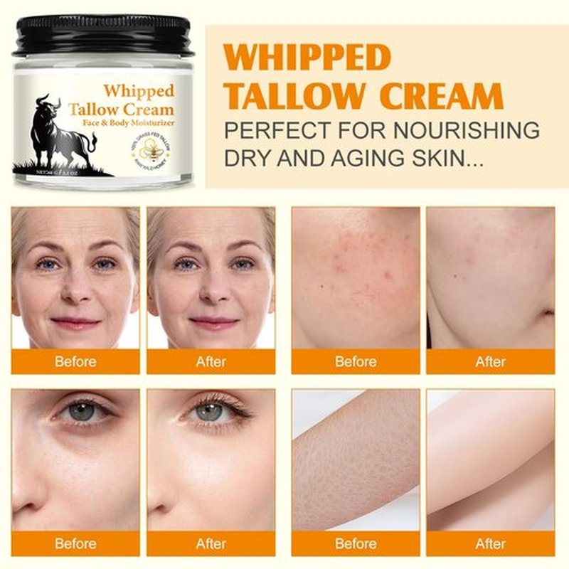 Beef Tallow and Honey Cream for Skin, Moisturizer Creams, Whipped Tallow Cream for Smooth Nourishing Face & Body, Natural Beef Tallow Balm for Skin Care, Beef Tallow, Butter and Honey Balm, 2 OZ