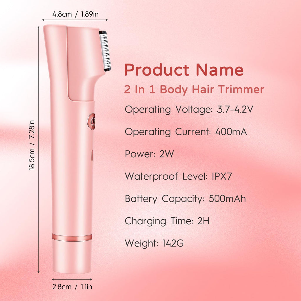 2-in-1 Electric Bikini Trimmer for Women, Dual Head Women’s Shaver & Razor, IPX7 Waterproof Cordless Hair Removal, Rechargeable Ceramic Blade Kit for Face Pubic Legs Underarm, Pink