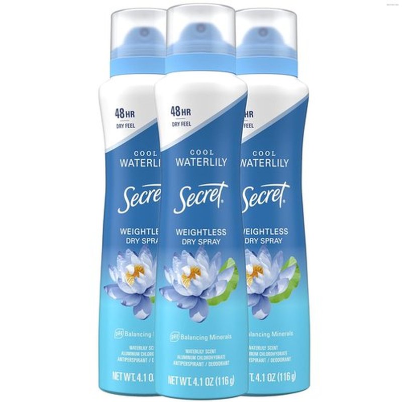 Secret Dry Spray Antiperspirant Deodorant - 48HR Weightless Sweat & Odor Protection | Waterlily & Argan Oil, 4.1 oz (Pack of 3)
