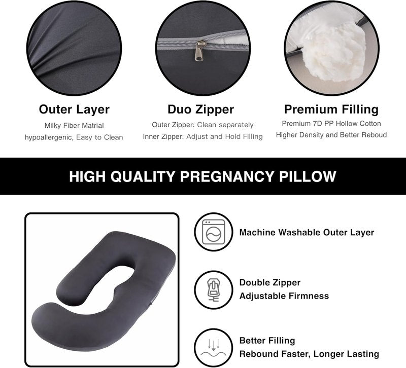 ALLOPERA Pregnancy Pillow - Full Body 57 Inch Maternity Support with Removable Washable Cover | Black Milk Fiber