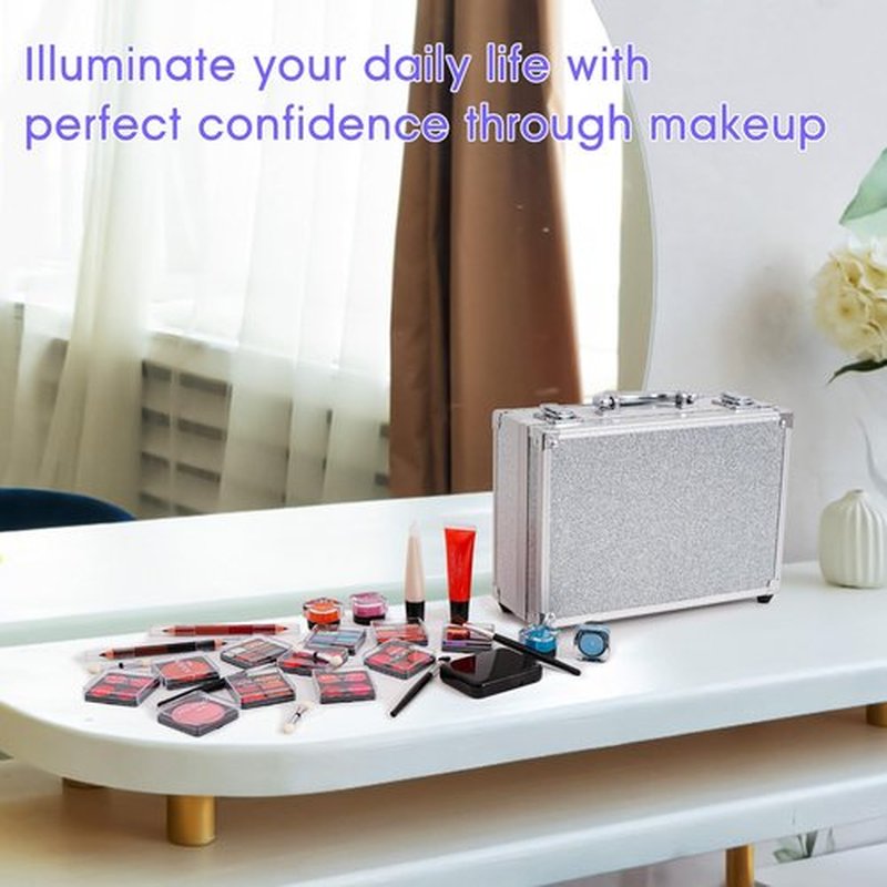 AOLIKOKO Makeup Kit for Teenager & Women Full Kit, All- In- One Makeup Set With The Cosmetic Train Case, Professional Makeup Kit, Makeup Gift Set for Women Girls(silver)