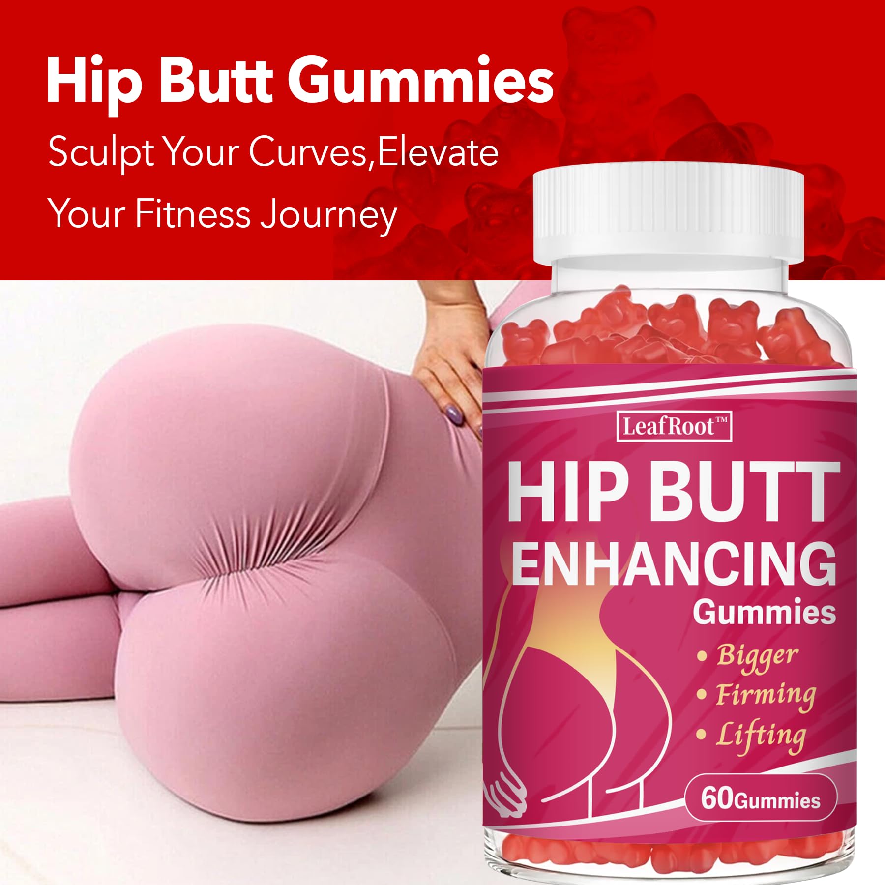 Leafroot 60 Count Hip Butt Enhancing Gummies for Women Natural Curves, Booty & Hip BBL Gummy to Boost and Growth Bigger Butt Enhancer, for Buttock Enlargement with Multivitamins and Herbal Extracts