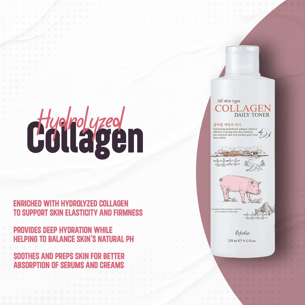 Esfolio Collagen Daily Toner – Hydrating & Firming Facial Toner with Hydrolyzed Collagen, Moisturizing & Soothing Skincare for All Skin Types, Anti-Aging & pH Balancing Korean Beauty (9.12OZ/270ML)