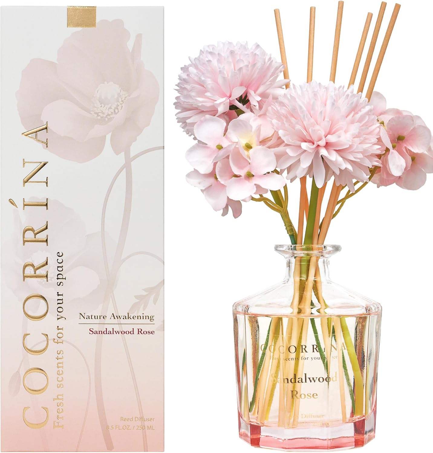 COCORRÍNA Reed Diffuser - Sandalwood Rose Home Fragrance Set | 8.5 Fl. Oz with 8 Sticks for Bedroom & Office Decor