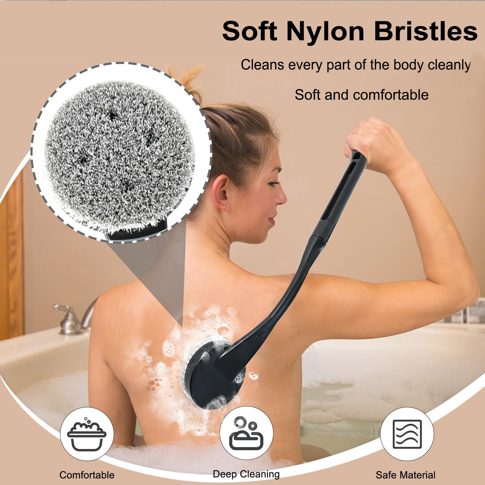 Gobiteli Back Scrubber for Shower,20.5" Long Handle Shower Brush for Body for Deep Clean,Back Brush for Shower for Men Women(Black)