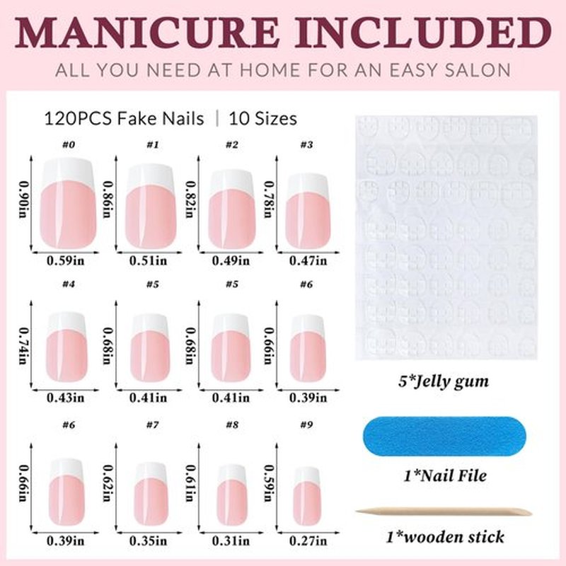 Lifextol 120PC White French Tip Press on Nails Short Fake Nails Press ons with 5*Adhesive Tabs, Pink Square Acrylic Nail Press on Nail French Tip Nails False Artificial Fingernails Stick on Nails-F