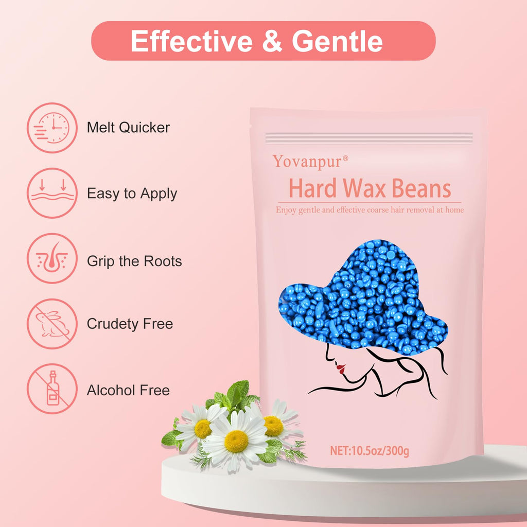 Hard Wax Beads for Hair Removal, Yovanpur Wax Beads for Sensitive Skin, Har Wax Beans for Coarse Hair, Waxing beads for Face, Eyebrow, Body, Bikini, Brazilian At Home 300g (10.5 Oz)/bag (Blue)