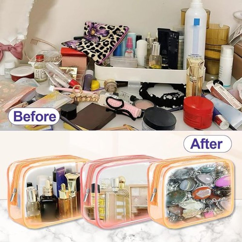 Skiennix Clear Makeup Bag Set - TSA Approved Small Toiletry Organizers | 4 Pack in Pink, Orange, Green, Blue