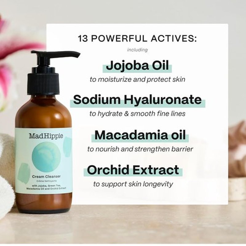 Mad Hippie Cream Cleanser - Gentle Hydrating Formula with Hyaluronic Acid & Jojoba Oil, 4 Oz