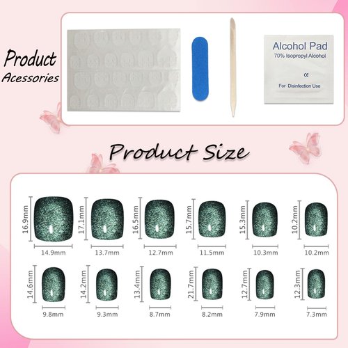 GXOIPNS Green Press on Nails Short Square, Gel Fake Nails with Glue Color Changing Cat Eye Acrylic Nails Glitter Full Cover Glue on Nails UV Finish Reusable Extra Short False Nails for Women 24 Pcs