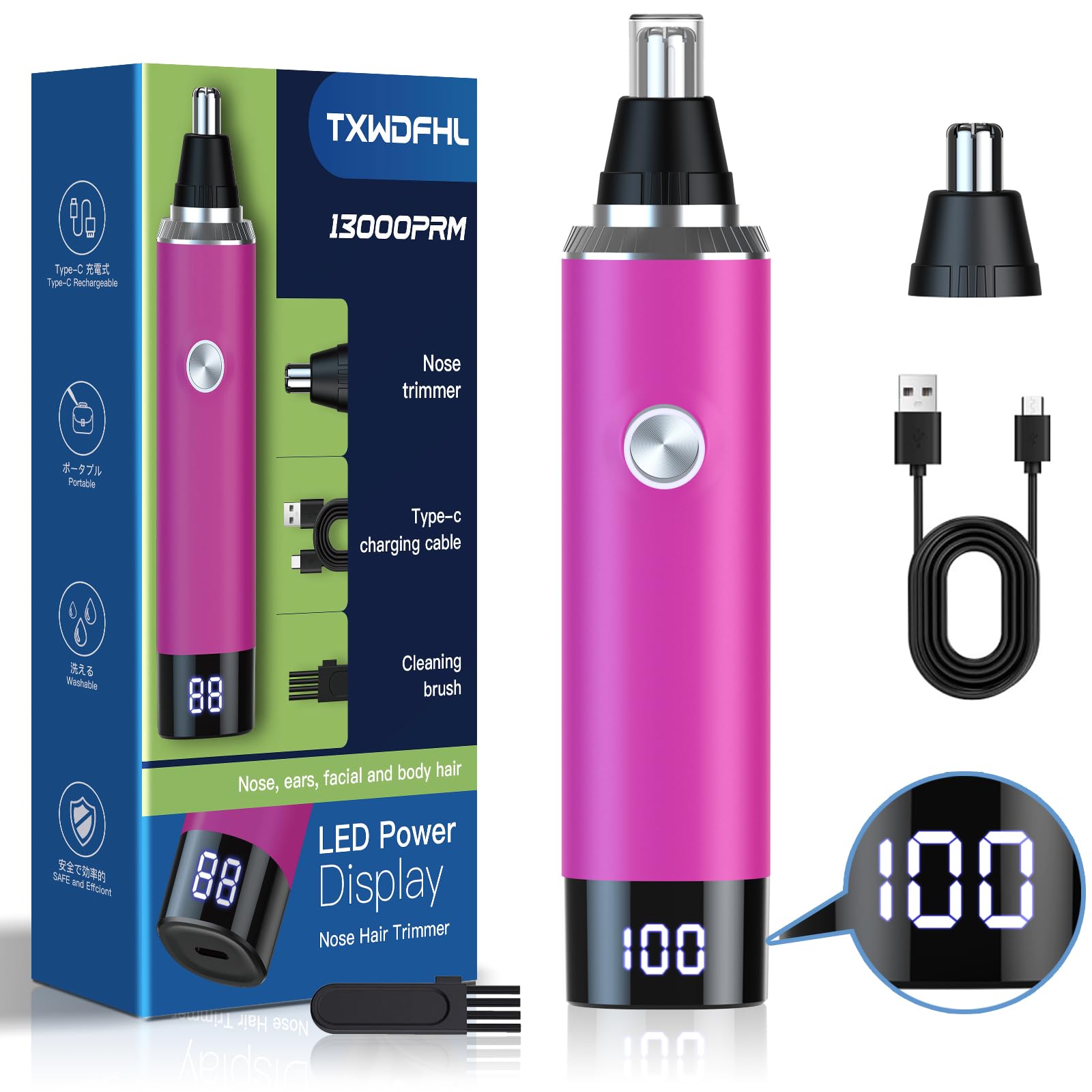 LONFANTAR Nose Hair Trimmer for Women and Men，Rechargeable with LED Display,2 in 1 Painless Multifunctional Ear and Nose Trimmer with IPX7 Waterproof Dual Edge Blades-Magenta