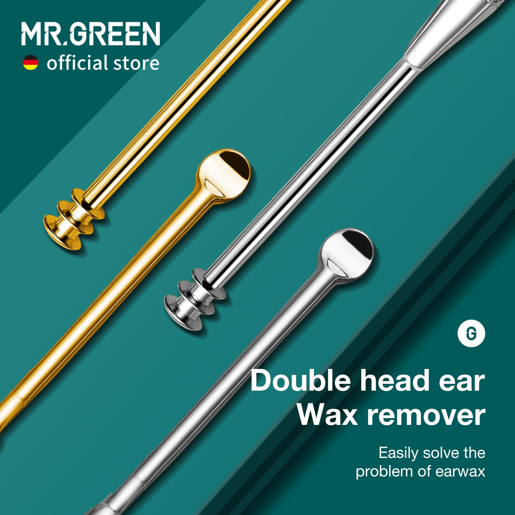 MR.GREEN Ear Wax Removal Ear Cleaner Double End Earwax Remover 360° Cleaning Three Ring Ear Pick Stainless Steel Ear Care Tools (Two piece Pack)