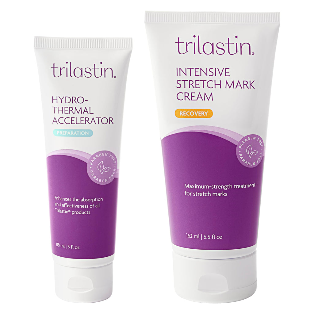 TriLASTIN Stretch Mark Cream & Serum Bundle - Intensive Stretch Mark Cream Treatment - Hyaluronic Acid Hydrothermal Accelerator - Maternity Skin Care Essential - 5.5 Oz Jar, 3 Oz Accelerator