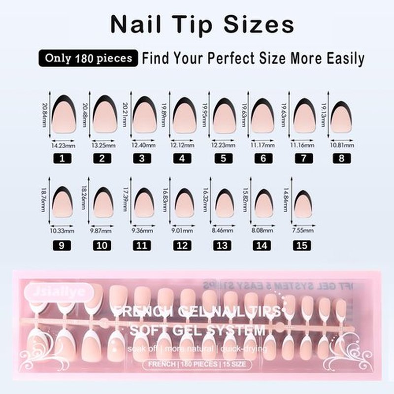 Jsiallye 6 Packs 180pcs French Tip Press on Nails Short Almond - French Soft Tip Nails Gel Pre-shaped No File Need,Soak Off Acrylic Fake Nails Extensions for Women Nail Art DIY 15 Sizes