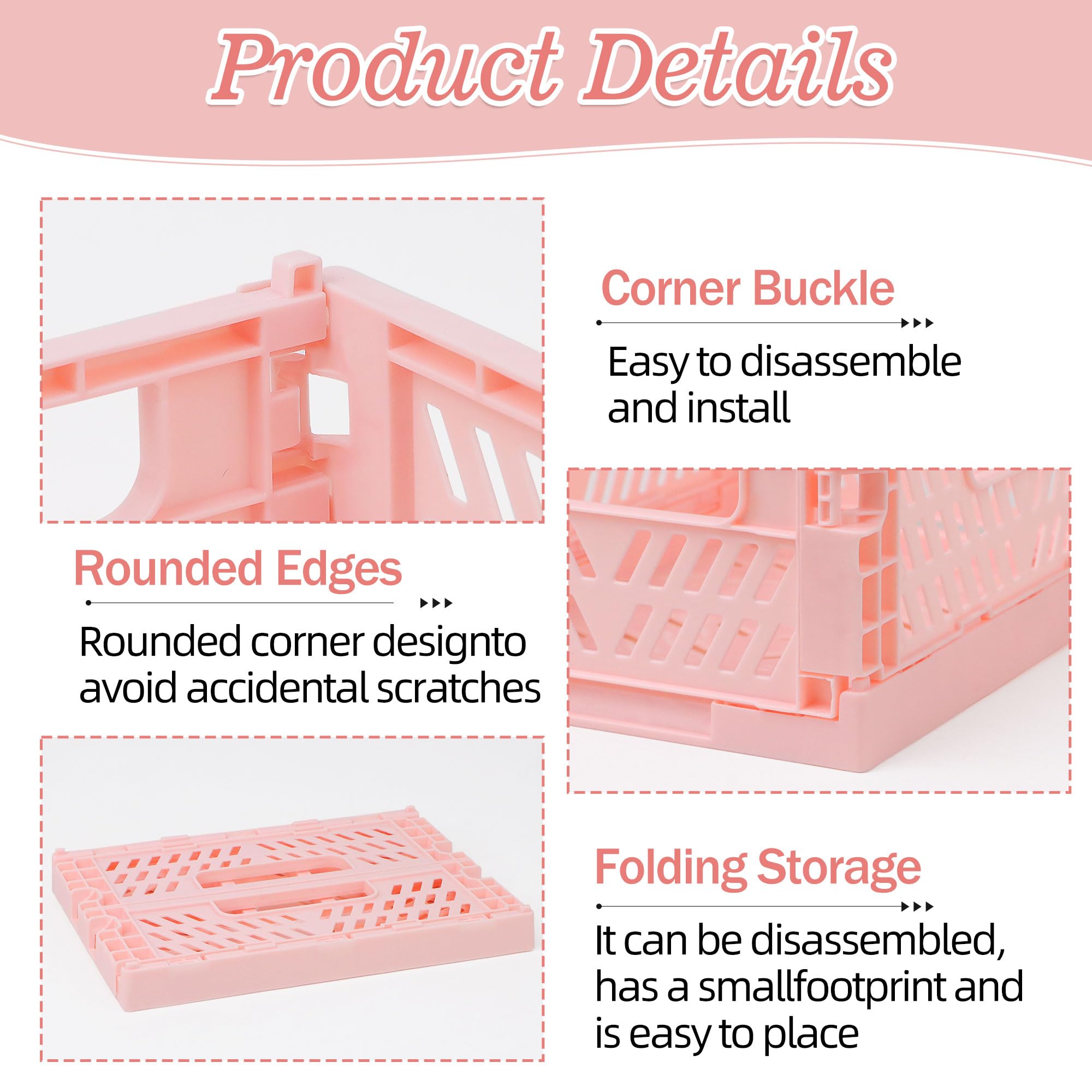 4-Pack Pink Baskets Plastic Storage Crate Small Baskets for Organizing Collapsible Storage Crates for Desk Organizers,Stackable Cute Storage Bins for Classroom,Office,Bathroom 5.9"x 3.9" x 2.3"
