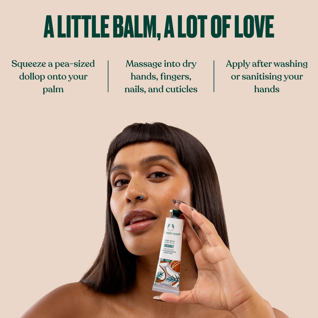 The Body Shop Hand Balm | 96hr Nourishing Moisture for Dry Cracked Hands | with Shea Butter, Non-greasy, Vegan, 30 ml / 1.0 oz (Coconut)