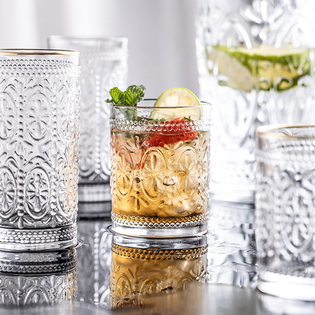 Bekith 6 Pack Drinking Glasses, 9.5 oz Romantic Water Glasses, Clear Embossed Glass Cups Vintage Glassware Set for Whisky, Juice, Beverages, Beer, Cocktail