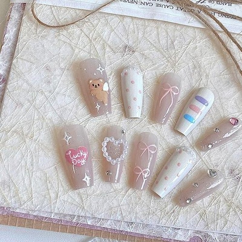 Coffin Shaped Press on Nails - Sweetheart | Luxury Ballerina Artificial False Nails, Glossy Pink Fake Nails with 3D Pearls & Heart, Salon Quality Reusable Nails Kit for Women & Girls (Size M)