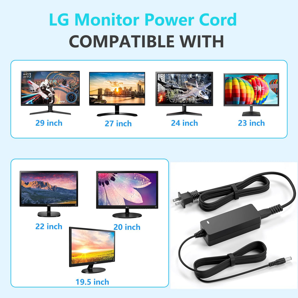Replacment for LG Monitor Power Cord 19V DC Power Supply for LG Electronics 27" 24" 23" 22" 20" 19" LCD LED HD TV Monitor Widescreen Power Adapter Cord