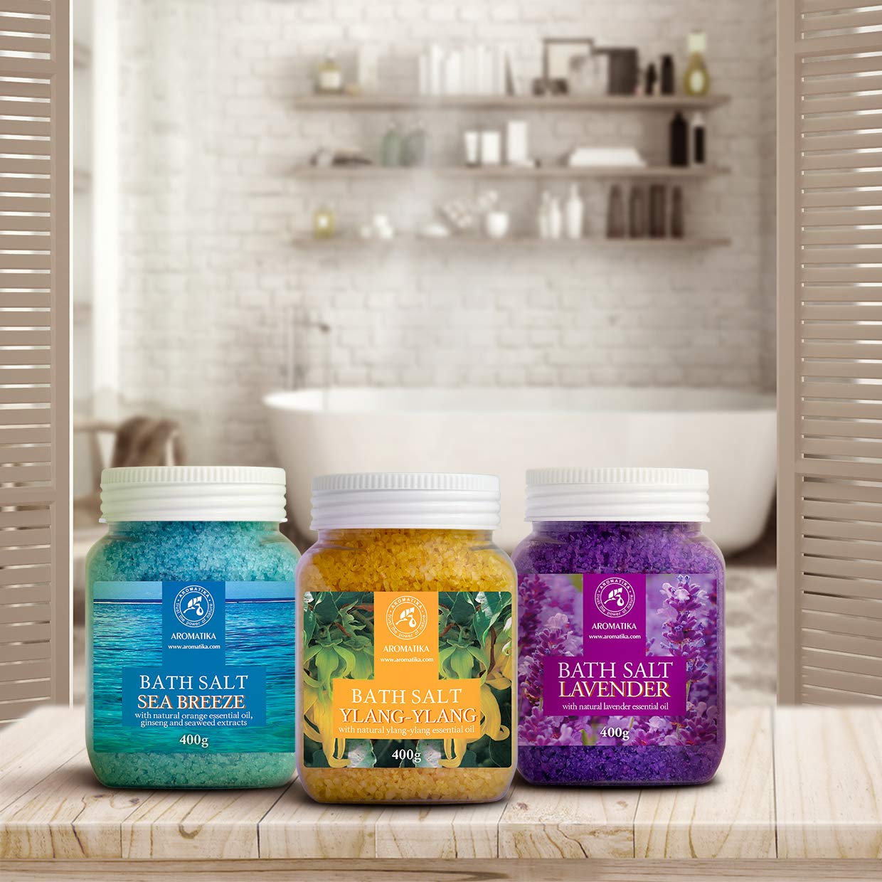 Bath Salts Set 42 Oz - Lavender - Sea Breeze - Ylang-Ylang - 100% Natural Essential Oil - Bathing - Body Care - Beauty - Relaxation - Spa