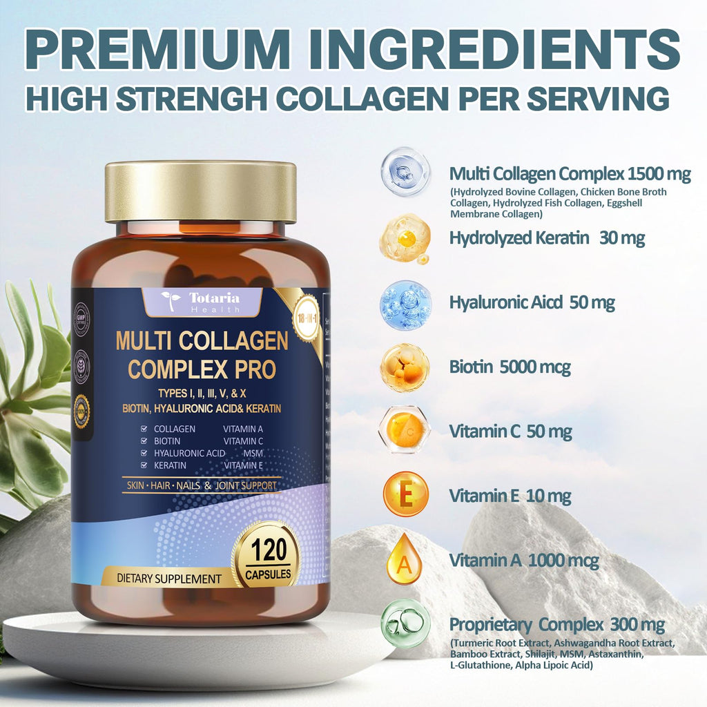 18-in-1 Collagen Pro with Hyaluronic Acid, Keratin, Biotin, VIT A C & E for Skin, Hair, Nails, Joint & Beauty - Multi Collagen Peptides Capsules with Type I II III V & X for Women & Men - 120 Caps