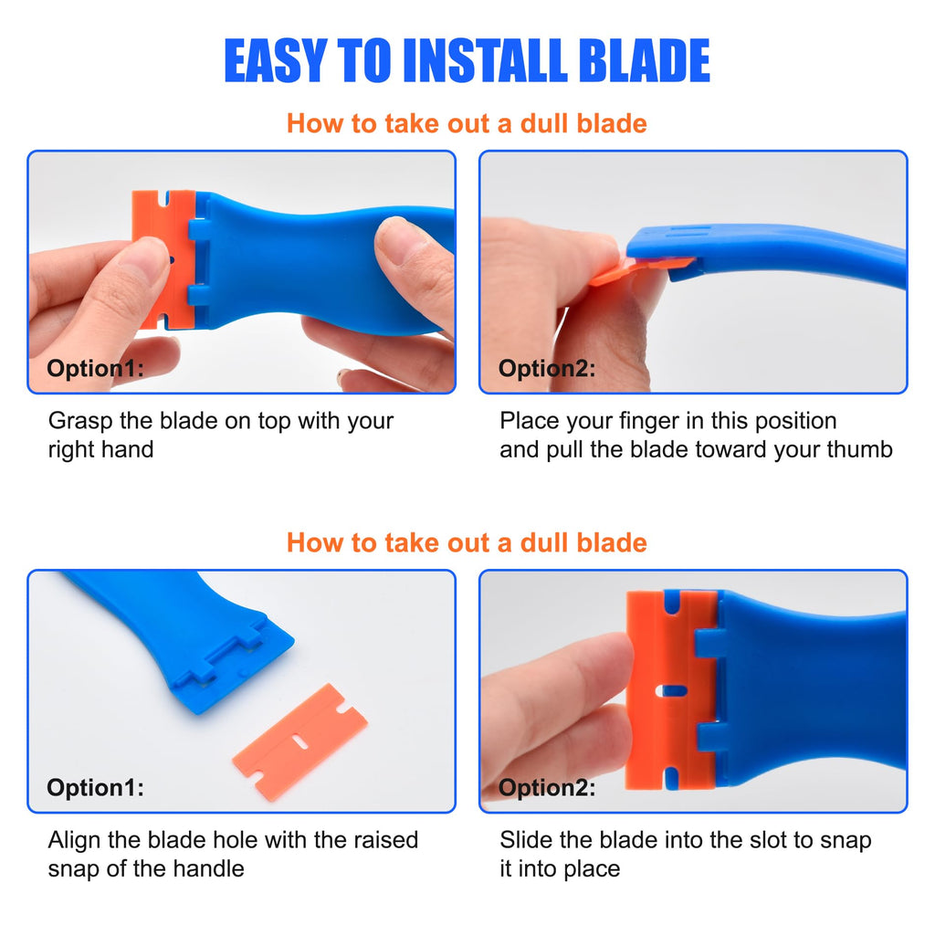4 Pcs Plastic Razor Blade Scraper and 120 Pcs Blades, Remove Label Decal Tool,Forwithout Scratches Plastic Razor Blade Scraper, Adhesive Remover for Kitchen Appliances,Stickers and Paints on Window