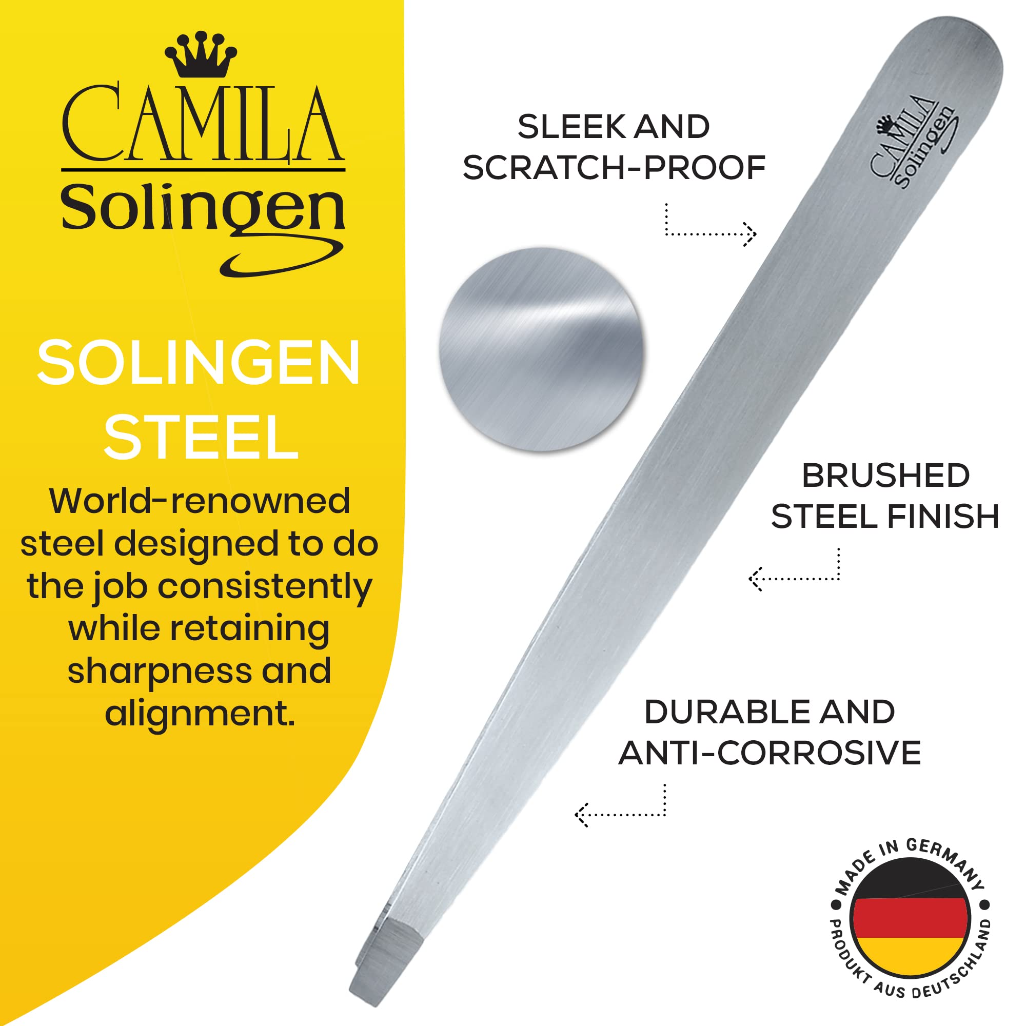 Camila Solingen CS26 4" Professional Surgical Grade Stainless Steel Precision Tip Eyebrow Tweezers for Facial Hair Shaping & Removal. Beauty Tool for Men/Women. Made in Solingen Germany (Straight)