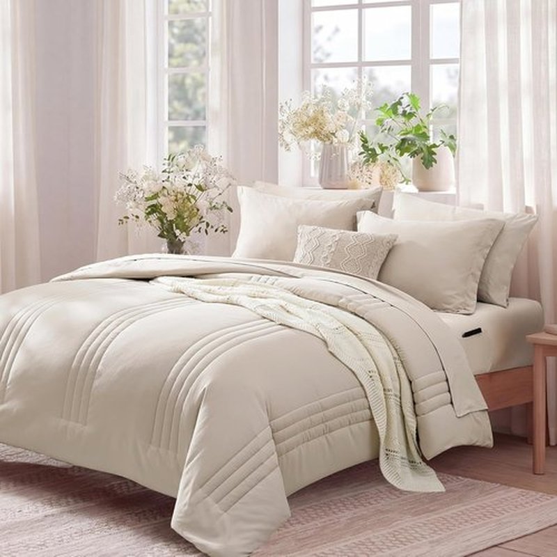 Monbix Queen Comforter Set - 7-Piece Beige Bedding Set with All-Season Comforter, Sheets & Pillowcases