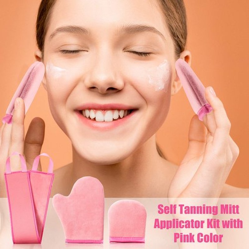 Boao 5 Pieces Self Tanning Mitt Applicator Kit, Includes Tanning Mitt, Exfoliating Glove, Mini Face Glove, Back Lotion Applicator, and Large Brush Makeup(Pink)