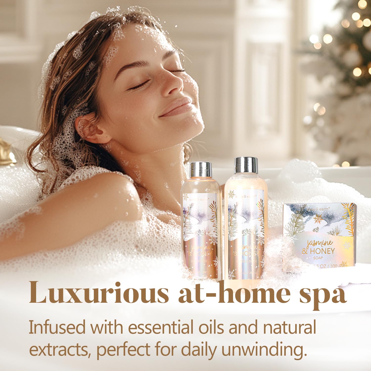Gift Baskets for Women, Body & Earth Gift Set with Jasmine & Honey Scent Includes Bubble Bath, Hand Cream, Holiday Gift Baskets, Bath and Body Gift Sets for Women, Happy New Year Gifts