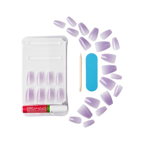 KISS Gel Fantasy, Press On Nails, Nail glue included, 'Quince Jelly', Purple, Medium Size, Coffin Shape, Includes 28 Nails, 2g glue, 1 Manicure Stick, 1 Mini File (Pack of 2)