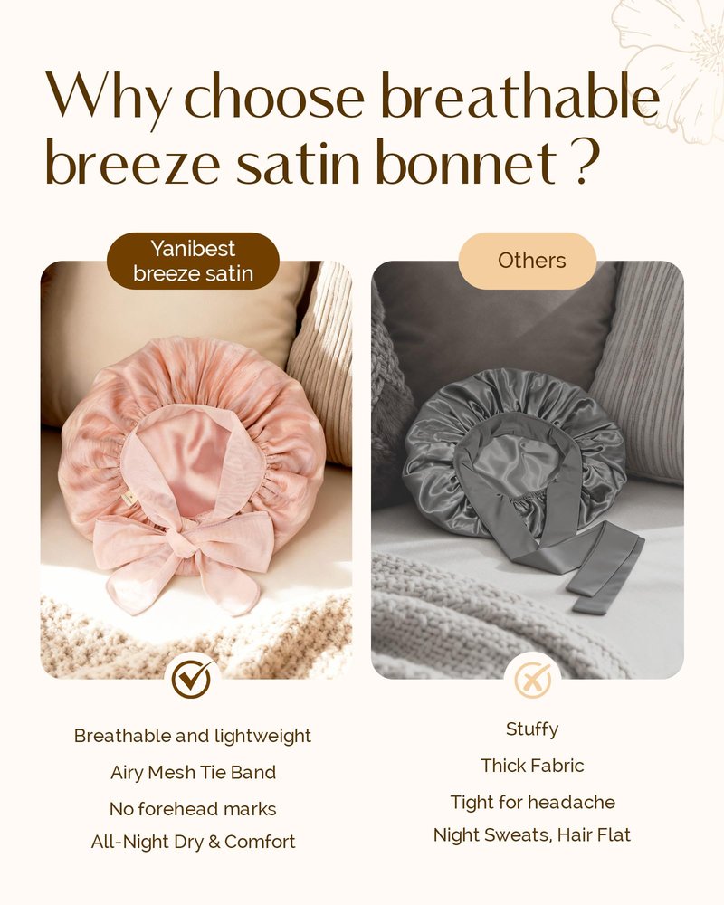 YANIBEST Breathable Soft Silk Bonnet for Sleeping, Breeze Satin Bonnet with Tie Band Hair Wrap Less Frizz Natural Curly Hair, Pink