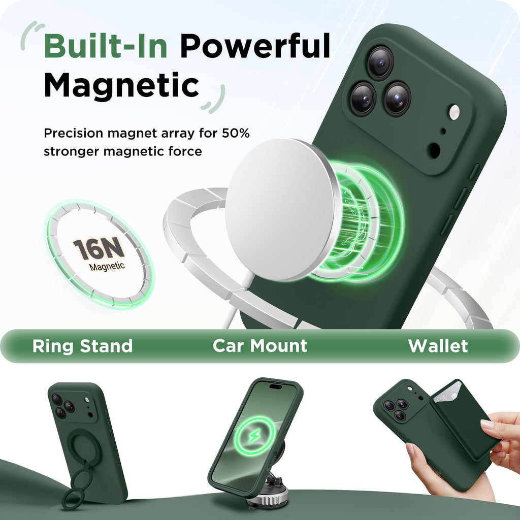 BERFY for iPhone 17 Pro Max Case, Compatible with MagSafe, Built-in Glass Screen Protector, Camera Protection, Shockproof Full Body Phone Case 6.9", Silicone Green