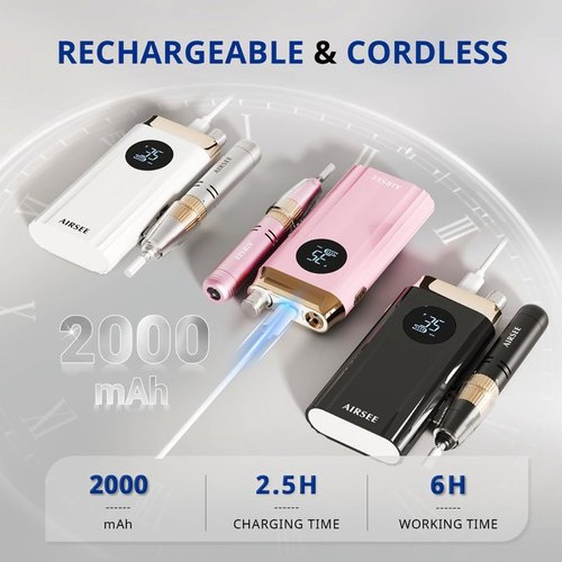 AIRSEE Professional Portable Nail Drill 35000RPM,Rechargeable Cordless Nail Drill for Manicure Salon Home, Eletric NALI E File for Acrylic Nails Gel Polishing Removing, EW4 White