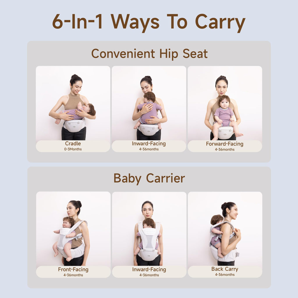 HBR Baby Carrier with Hip Seat, Non-Slip Seat, Air-Padded Shoulder Straps for Less Pressure, 6-in-1 Ergonomic Infant Carrier, Front-Facing, Hands-Free, Up to 45 lbs, 47 in, AirMesh Silver Mist White