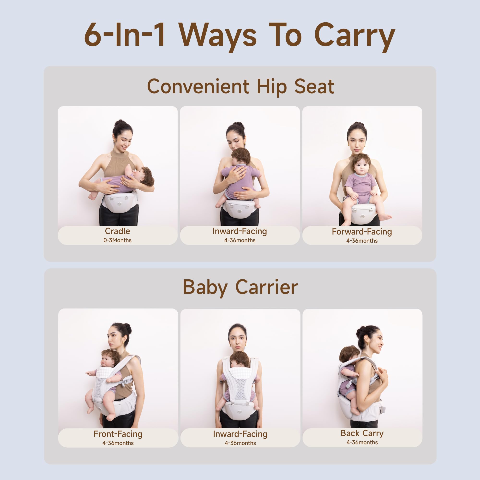 HBR Baby Carrier with Hip Seat, Non-Slip Seat, Air-Padded Shoulder Straps for Less Pressure, 6-in-1 Ergonomic Infant Carrier, Front-Facing, Hands-Free, Up to 45 lbs, 47 in, AirMesh Silver Mist White