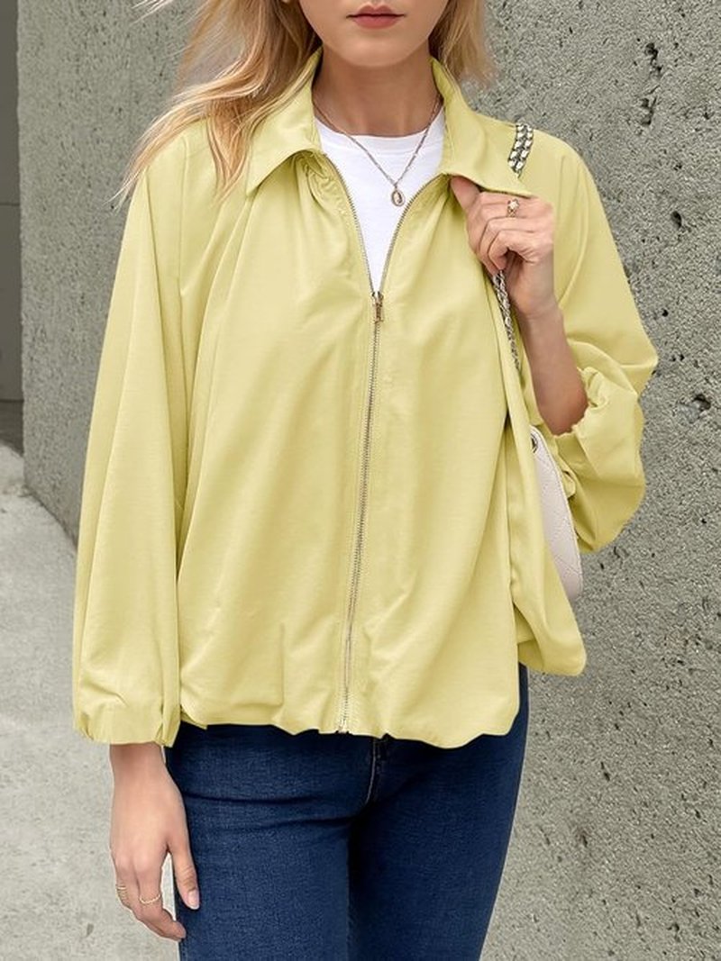 Tankaneo Women's Oversized Bomber Jacket - Stylish Batwing Sleeve, Zip-Up Design, Pleated Lapel