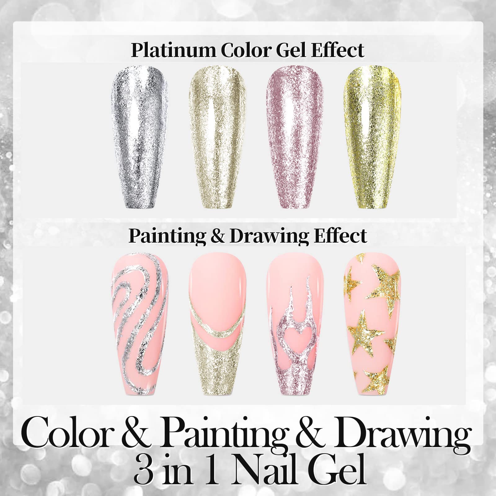 VERONNI Glitter Gel Nail Polish Chrome Platinum Glitter Gel Nail Polish Set, Sparkly Shiny Silver Gold Pink Champagne 4 Colors Nail Art Painting Drawing Home DIY Manicure Nail Salon
