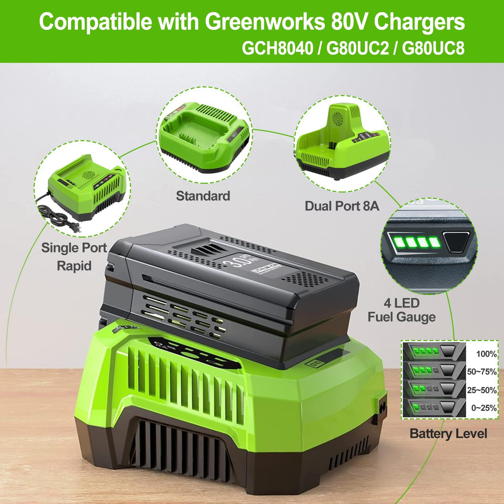 FSKE 3.0Ah Replacement for Greenworks 80V Battery GBA80200 GBA80250 2Packs