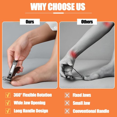 GOZOLA 360° Rotating Toenail Clippers for Seniors Thick Toenails, Large Nail Clipper with Long Handle, Stainless Steel Heavy Duty Finger Nail Clippers for Women/Men/Adult, Built-in Nail File (Black)