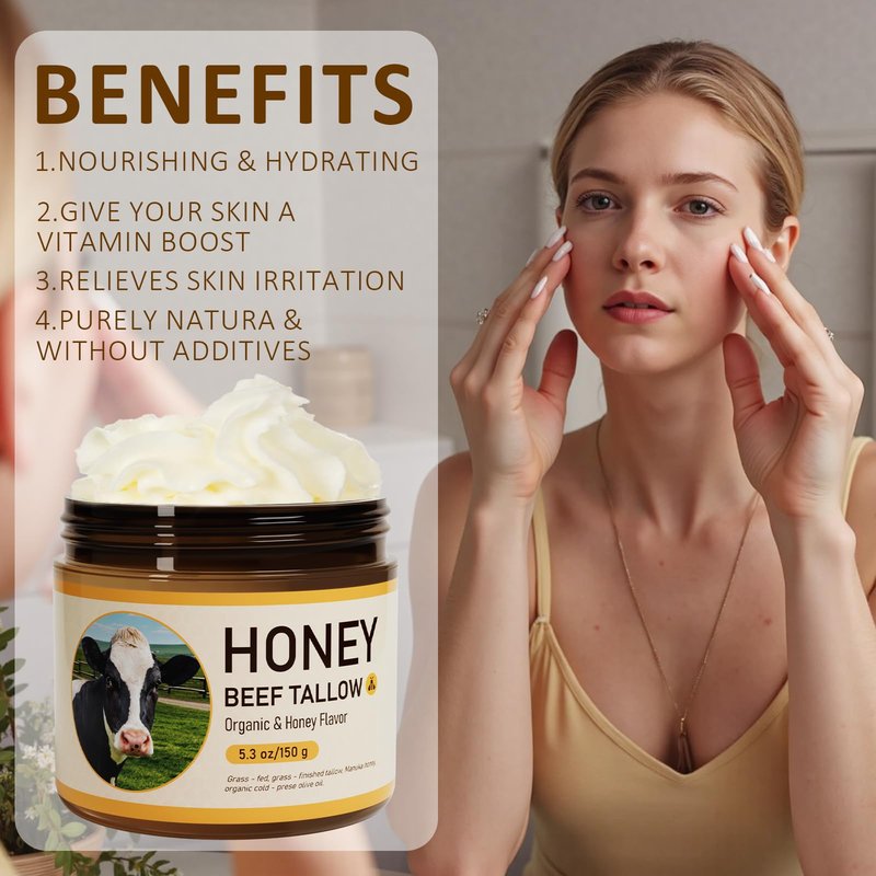 HaimaiLife Beef Tallow for Skin, Tallow and Honey Balm,Beef Tallow For Face, Grass Fed Beef Tallow for All skin Type, Honey Tallow Face Moisturizer for Skincare, 150 Gram(5.3 Oz)